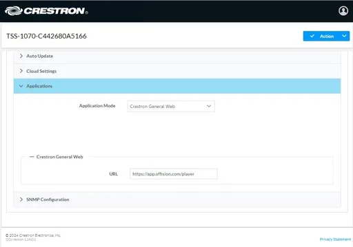 Applications, with Crestron General Web chosen and the URL filled in. Save Changes is under Action.