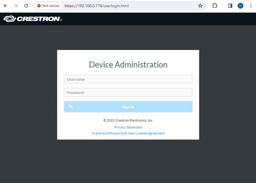 The panel's own sign-in. The certificate warning in the address bar is normal.