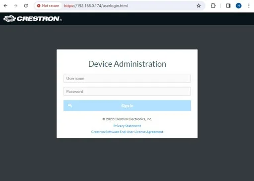 The panel's own sign-in. The certificate warning in the address bar is normal.