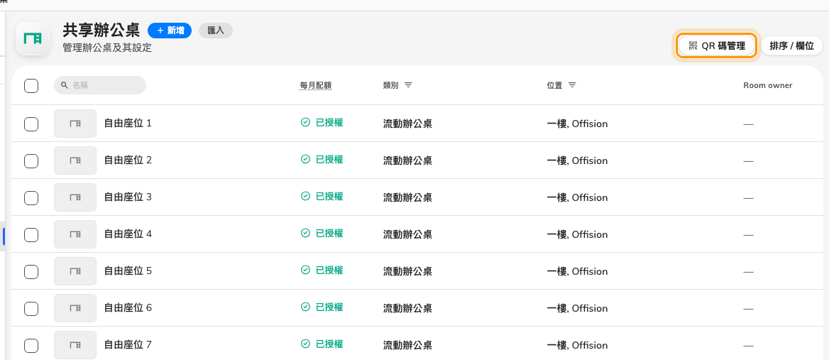 共享辦公桌清單。沒有容量欄,右上角是 QR 碼管理。
