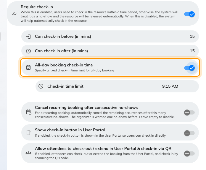 Require check-in on, and the all-day deadline under it. The clock time replaces a window measured from midnight.