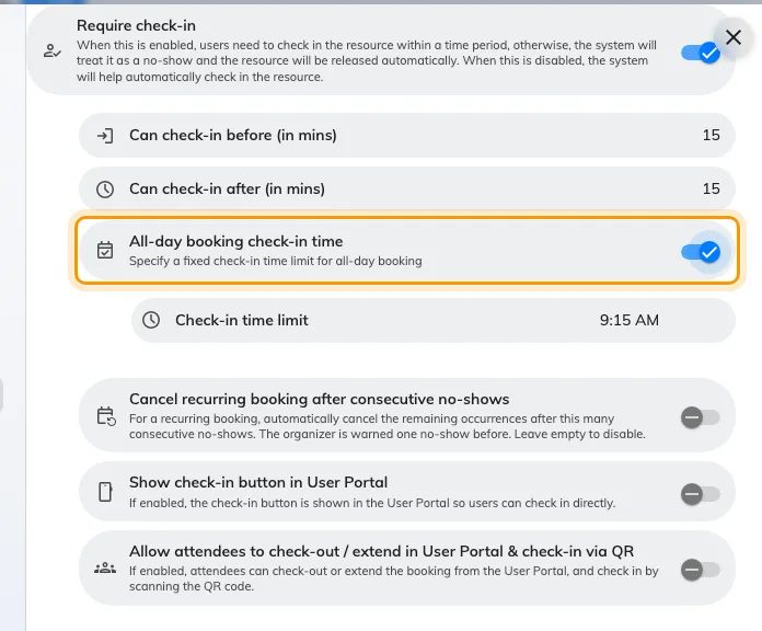 Require check-in on, and the all-day deadline under it. The clock time replaces a window measured from midnight.