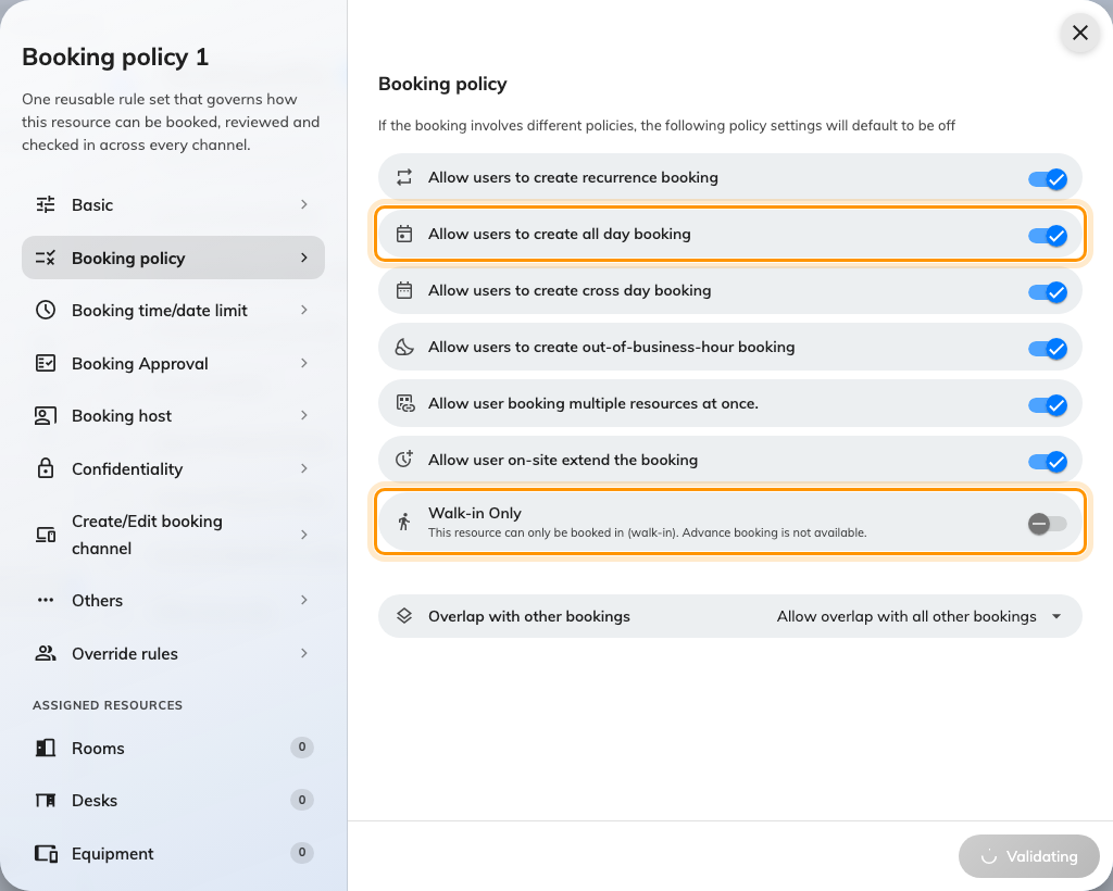 Booking policy. Walk-in Only decides whether the desk appears in the booking form at all.