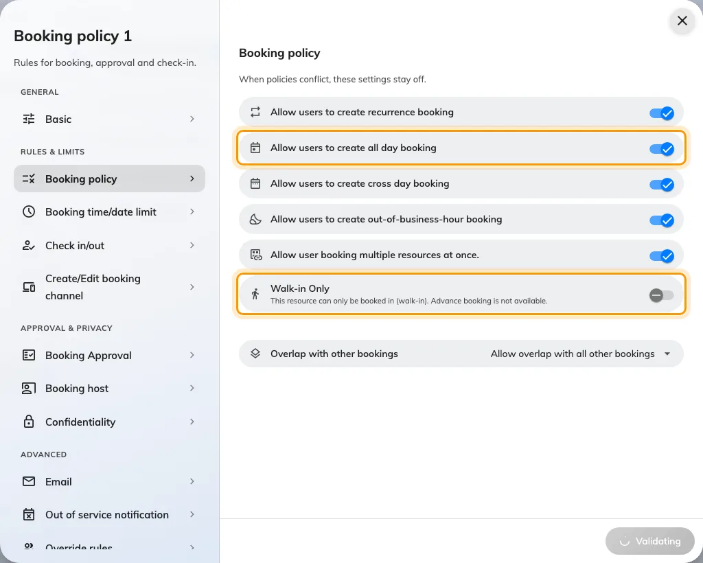 Booking policy. Walk-in Only decides whether the desk appears in the booking form at all.
