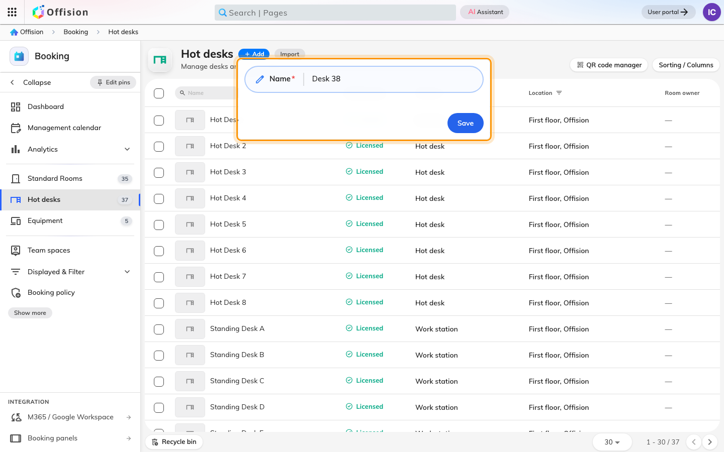 Add asks for a name and nothing else, and the number it offers counts every desk on the tenant.