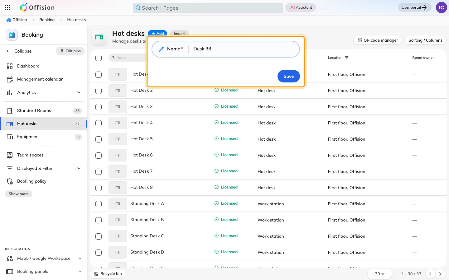 Add asks for a name and nothing else, and the number it offers counts every desk on the tenant.