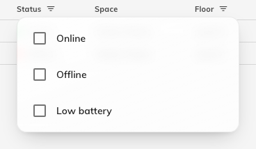 The Status filter: Online, Offline, or Low battery.