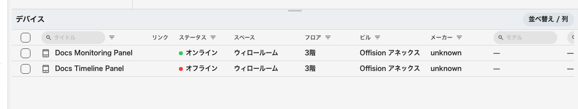 上で選んだ場所に絞られた、あらゆる種類のデバイスが並ぶ一つの表。
