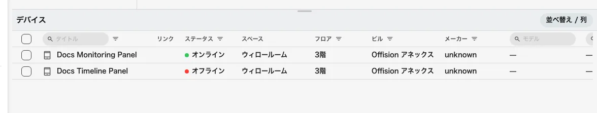 上で選んだ場所に絞られた、あらゆる種類のデバイスが並ぶ一つの表。