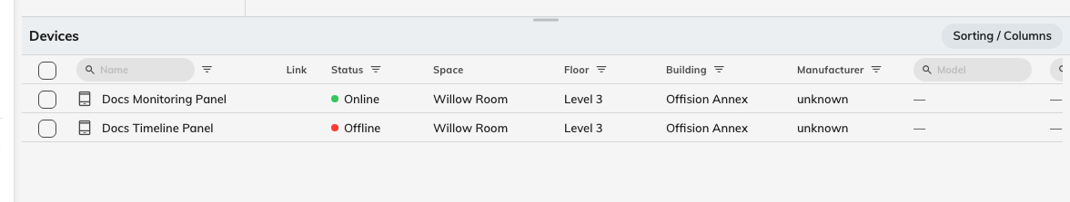 Every kind of device in one table, scoped to the place chosen above it.