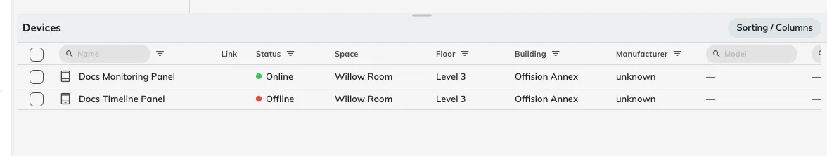 Every kind of device in one table, scoped to the place chosen above it.
