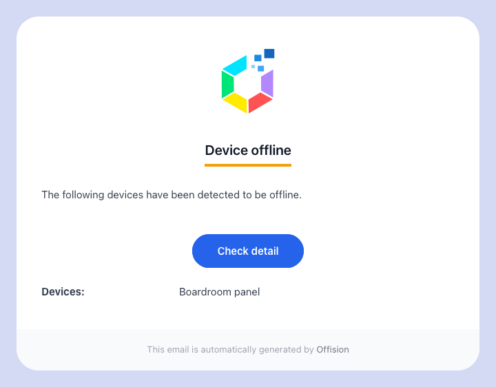 The Device offline email, naming the device that stopped answering.