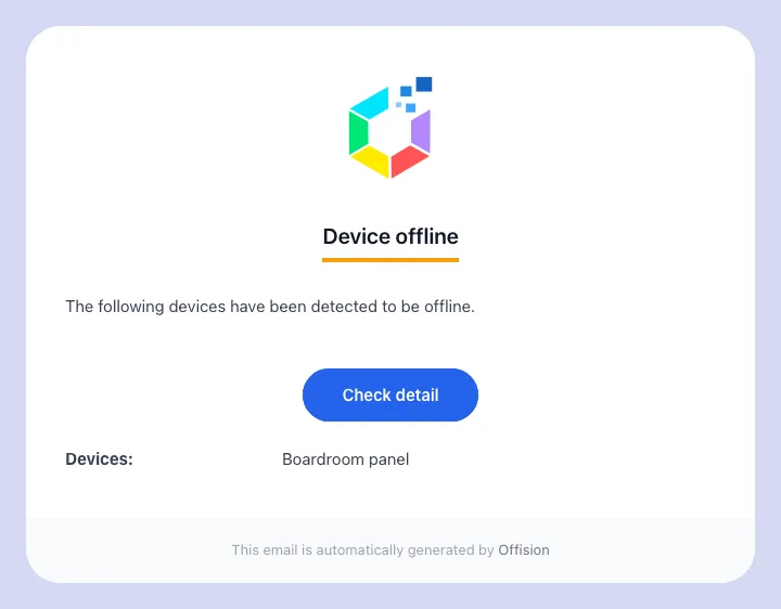 The Device offline email, naming the device that stopped answering.