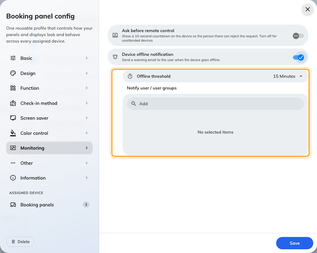 Switched on, the threshold and the recipient list appear beneath it.