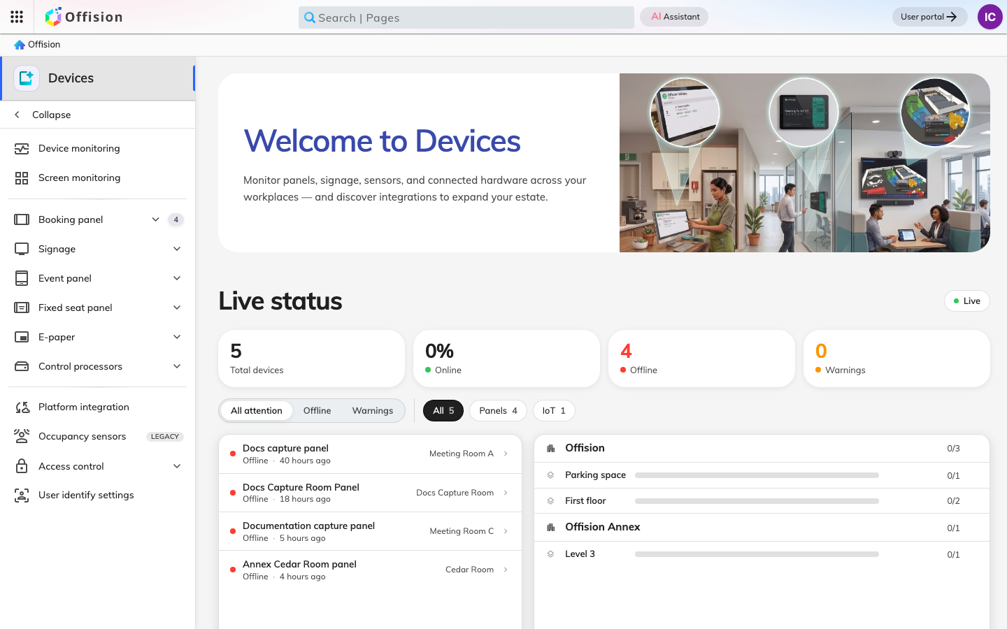 The Devices section of the admin console, showing every panel and sensor and which are offline.