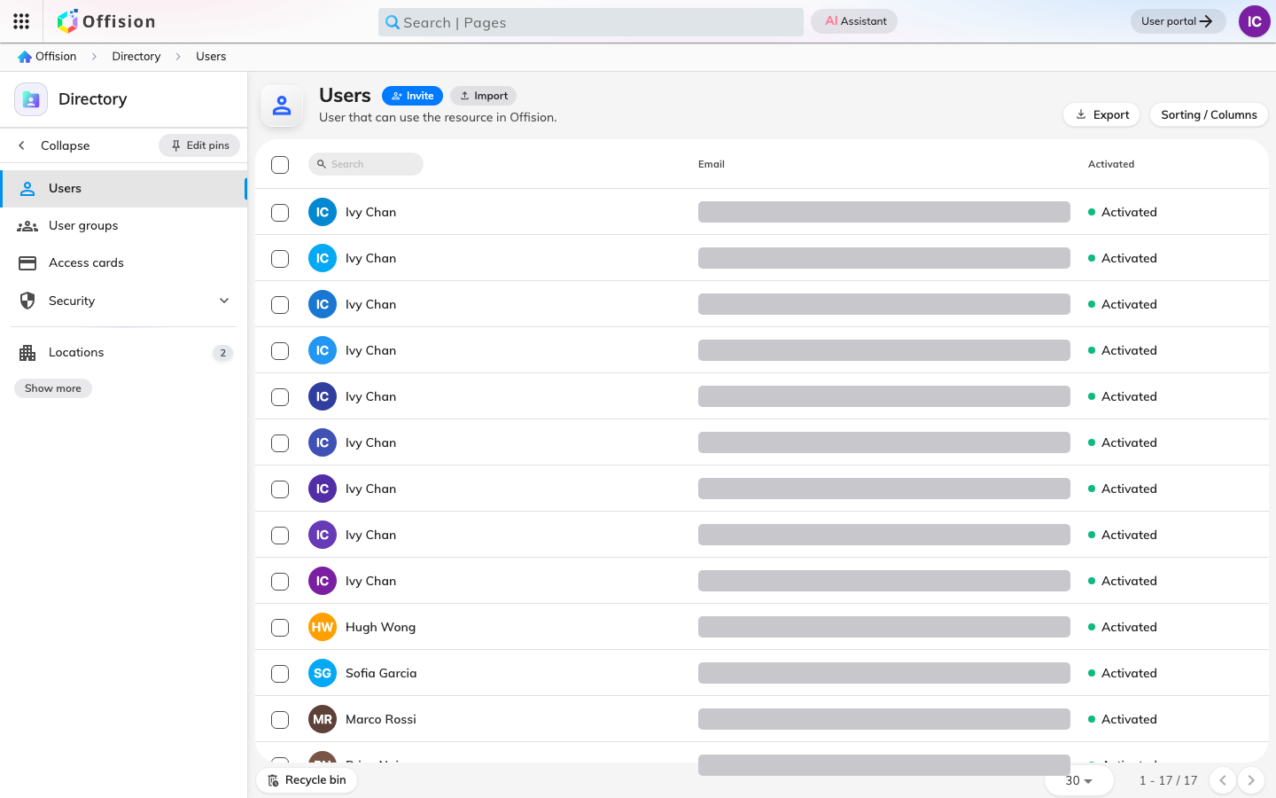The user list in the admin console, where accounts and permissions are managed.