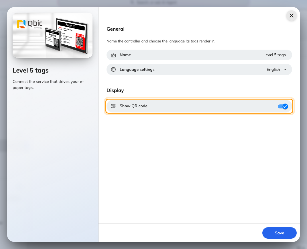 A new Qbic controller: its name, the language its tags render in, and the QR code toggle.