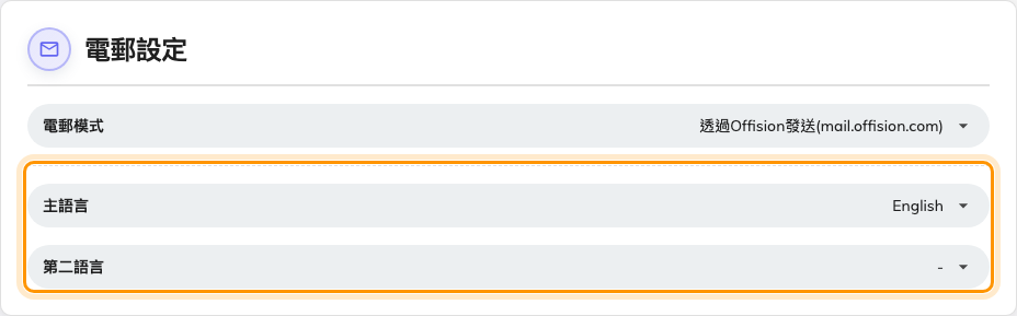 電郵設定，以及每封信所使用的兩種語言。