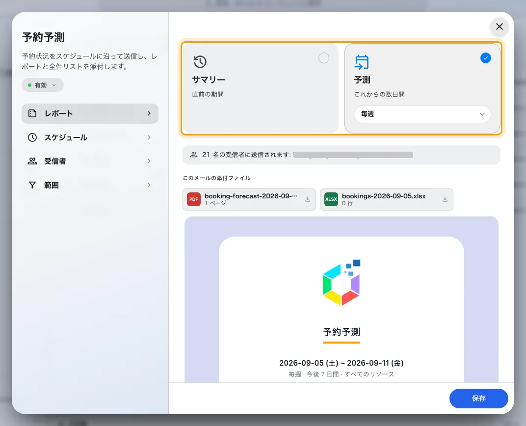 レポートのページ。予測のカードが選ばれ、その名前の下のピルに頻度があります。