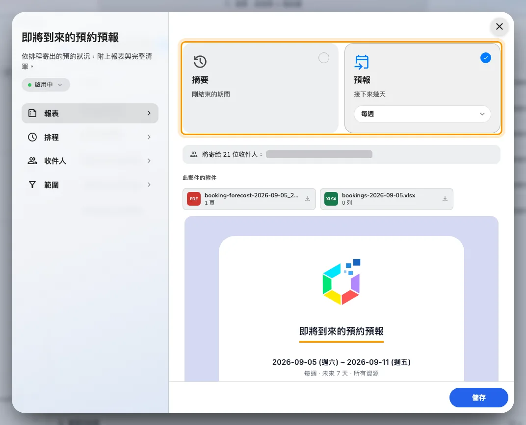 報表頁：已選中預報卡片，頻率就在它名稱底下的膠囊裡。