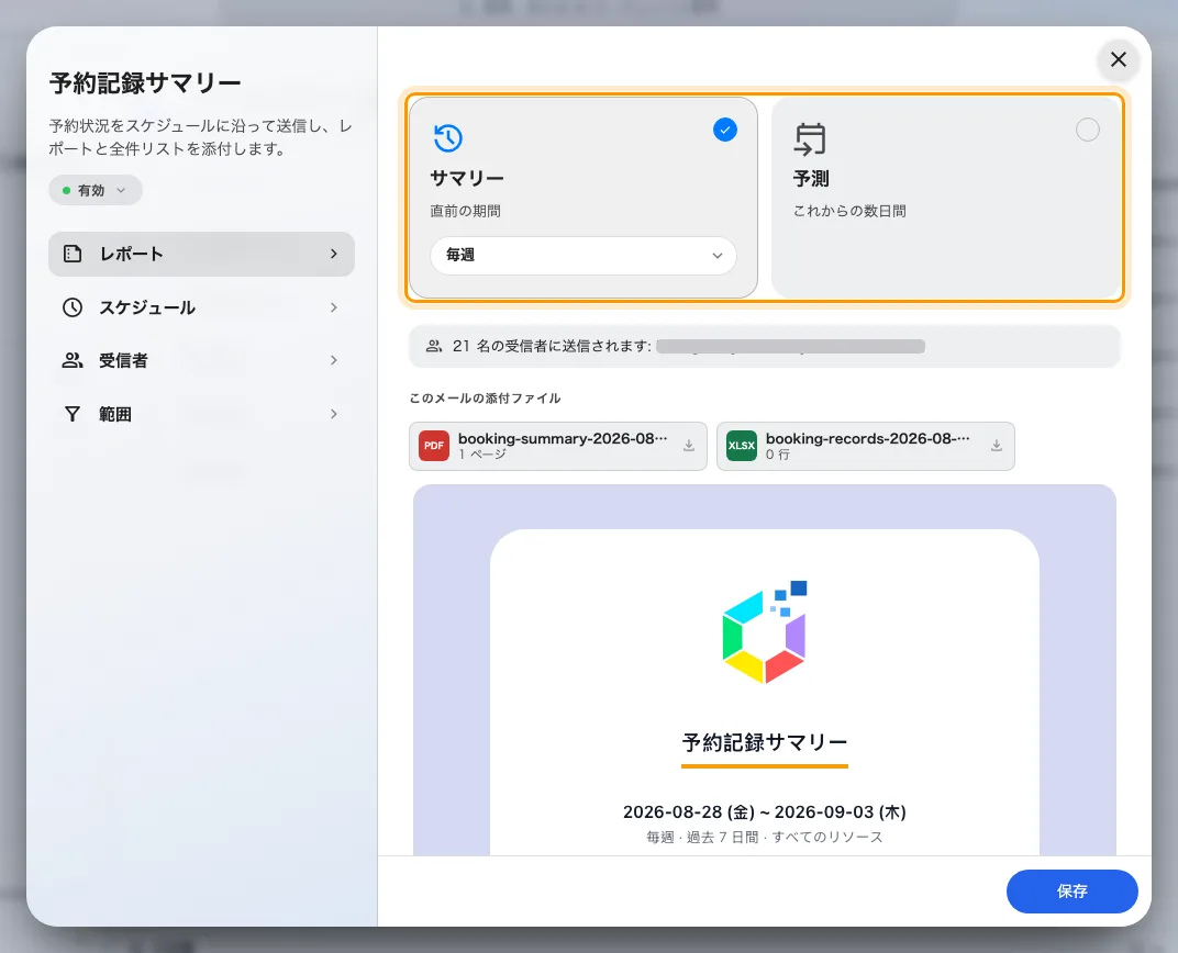 レポートのページ。2 つのカードと、その下にこの購読が送るメールそのもの。