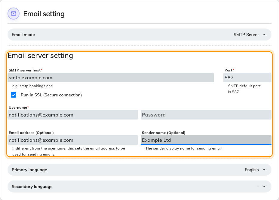 Email server setting, filled in.