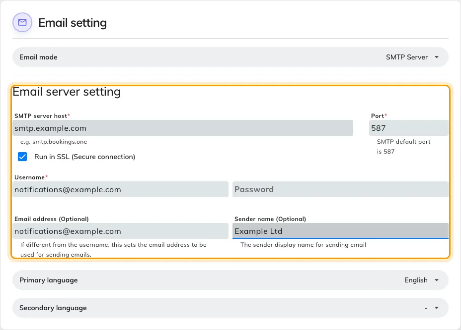 Email server setting, filled in.