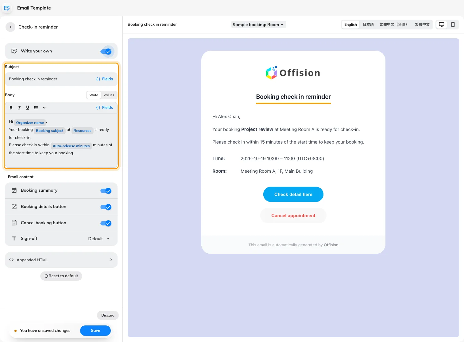 Write reminders with booking fields