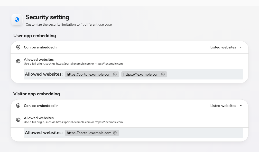 Security setting: one embedding choice per app.