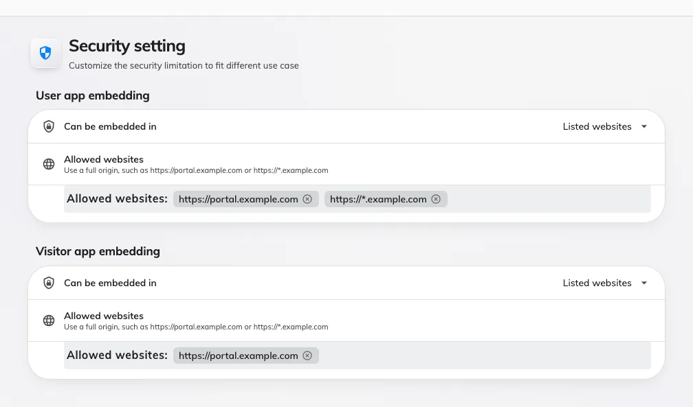 Security setting: one embedding choice per app.