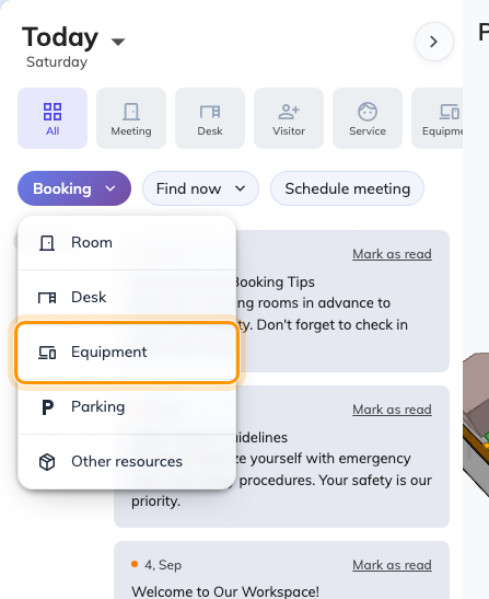 The Booking menu on the app home, with Equipment among the types.