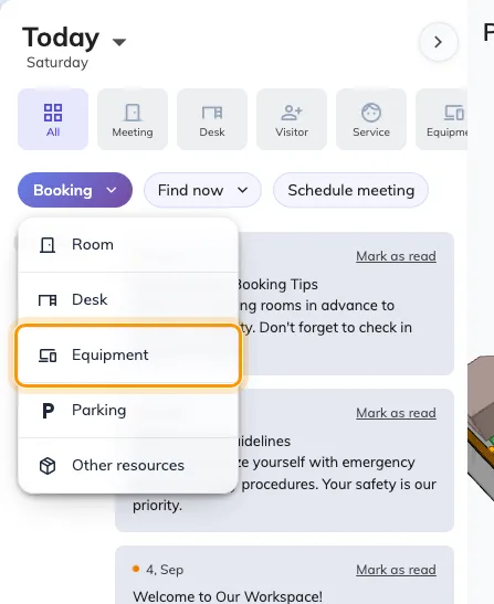 The Booking menu on the app home, with Equipment among the types.