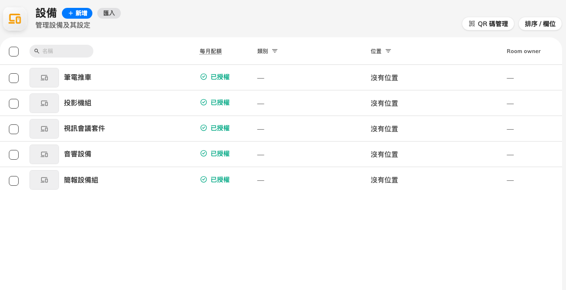 設備清單——和房間相同的外殼。