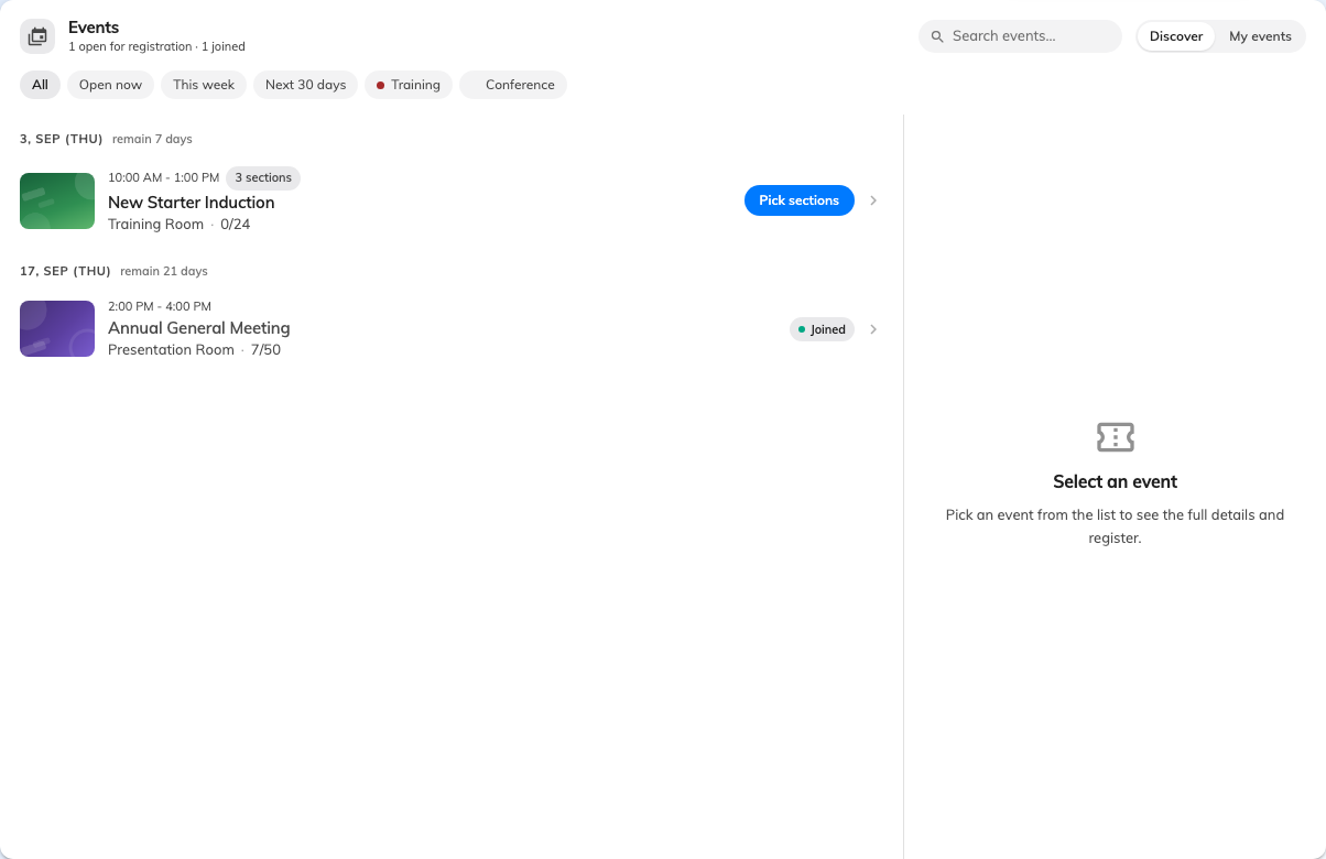 The Events page: Discover for what is on, My events for what you have joined.