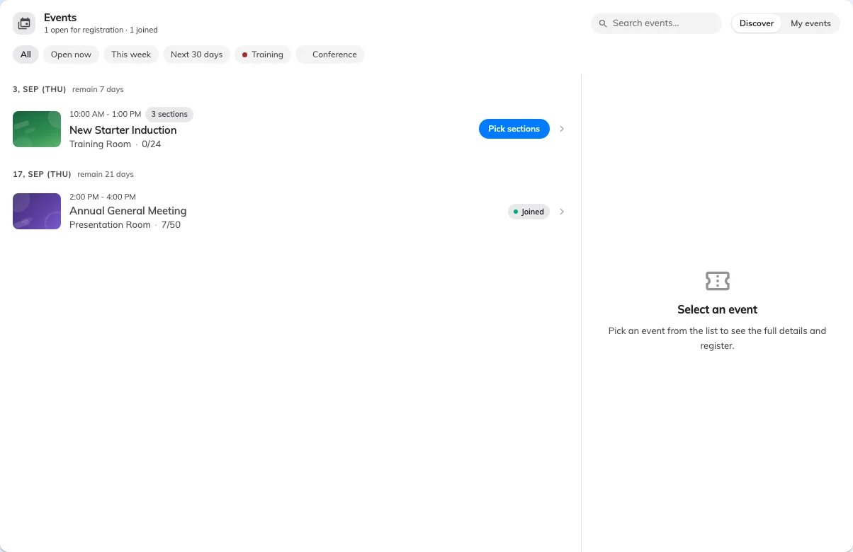 The Events page: Discover for what is on, My events for what you have joined.