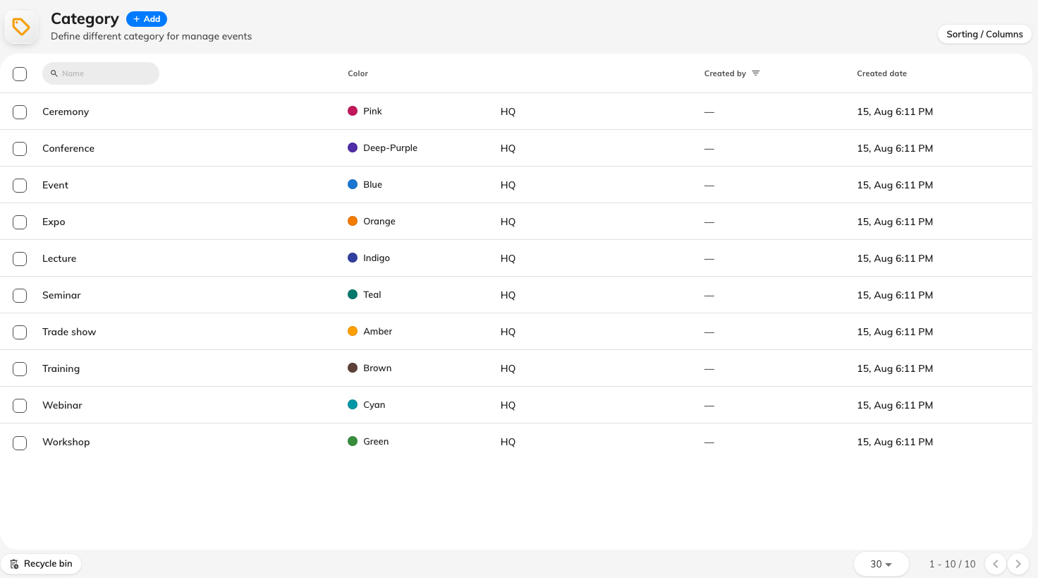 The categories a new Offision starts with.