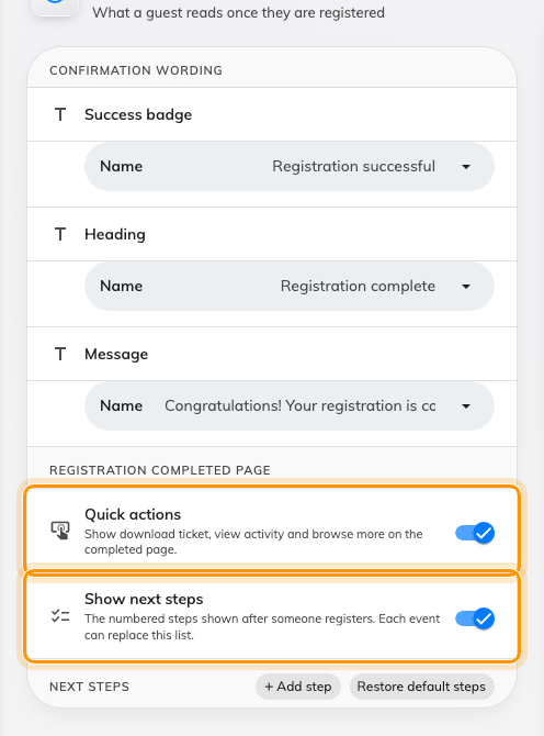 The completed page's own two switches, under Registration completed page.