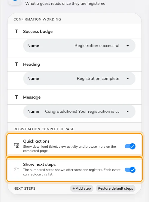 The completed page's own two switches, under Registration completed page.