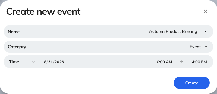 Create new event asks for four things; everything else is added afterwards.