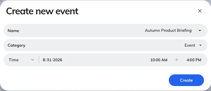 Create new event asks for four things; everything else is added afterwards.