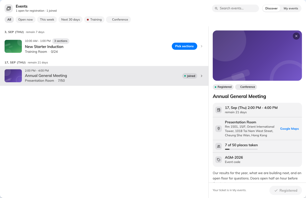 Picking an event opens its details beside the list, with the button that joins it.