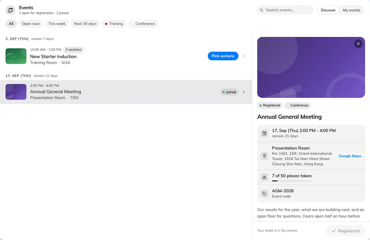Picking an event opens its details beside the list, with the button that joins it.