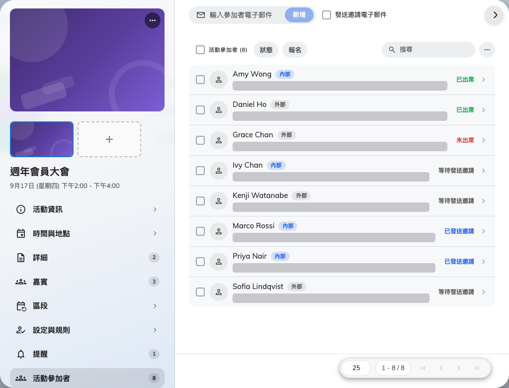 報名名單，每個人都標示了公司內外，並帶著各自的狀態。