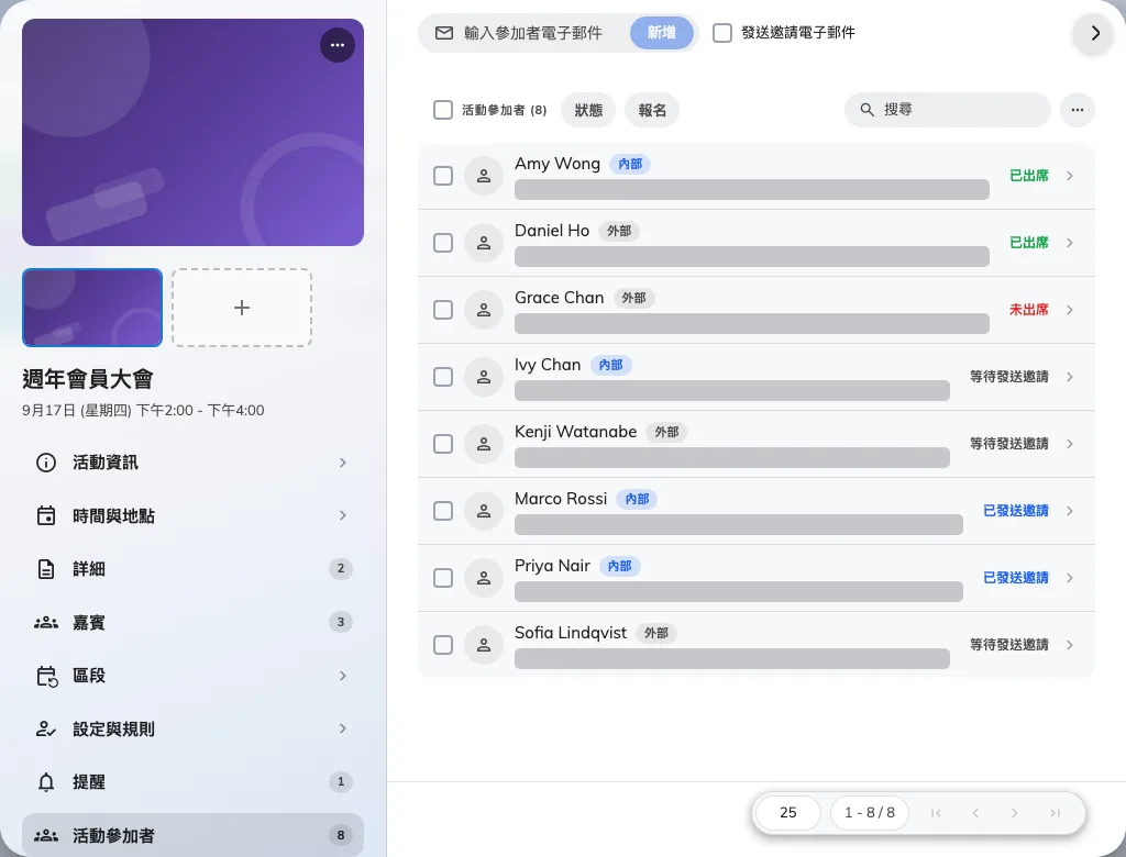報名名單,每個人都標示了公司內外,並帶著各自的狀態。