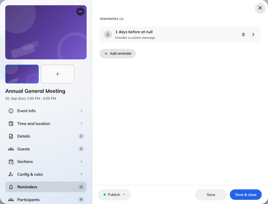 Reminders are set per event, on their own page of the editor.