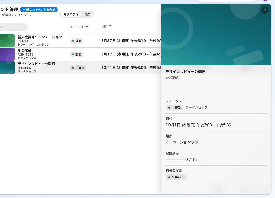 手伝っているイベント。要点と自分の役割は見えますが、編集はできません。