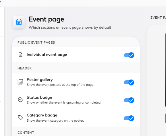 Individual event page, on the design page for the page it publishes.