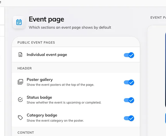 Individual event page, on the design page for the page it publishes.