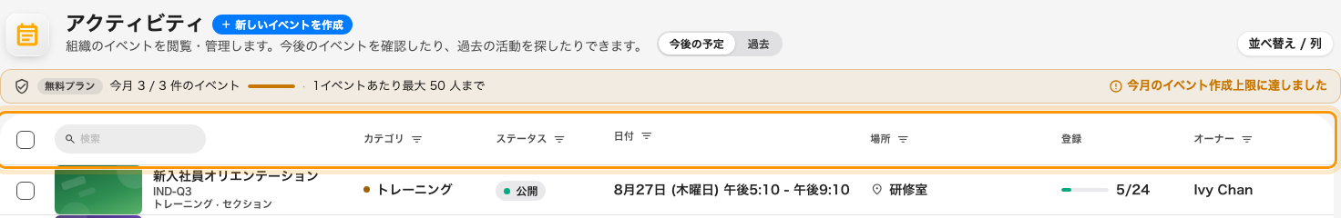 列の見出しがあるはずの場所に、その列のフィルターが置かれています。