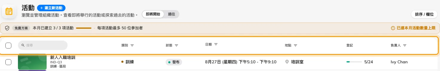 本該是欄位標題的地方，活動清單放的是那一欄的篩選器。